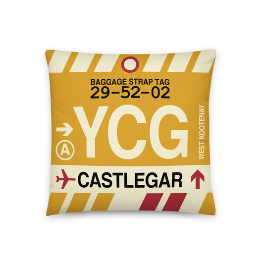YCG Castlegar Throw Pillow • Jet Age Baggage Tag Design • YHM Designs - Image 01
