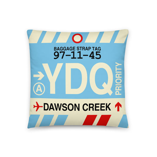 YDQ Dawson Creek Throw Pillow • Jet Age Baggage Tag Design • YHM Designs - Image 01