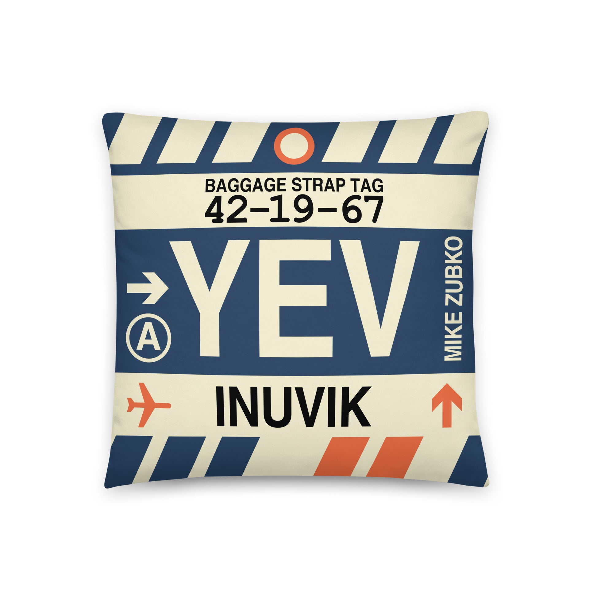 YEV Inuvik Throw Pillow • Jet Age Baggage Tag Design • YHM Designs - Image 01