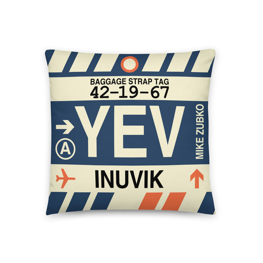 YEV Inuvik Throw Pillow • Jet Age Baggage Tag Design • YHM Designs - Image 01