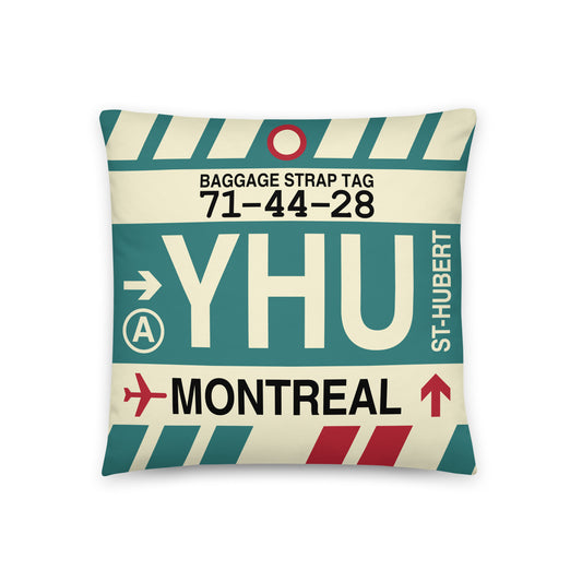 YHU Montreal Throw Pillow • Jet Age Baggage Tag Design • YHM Designs - Image 01