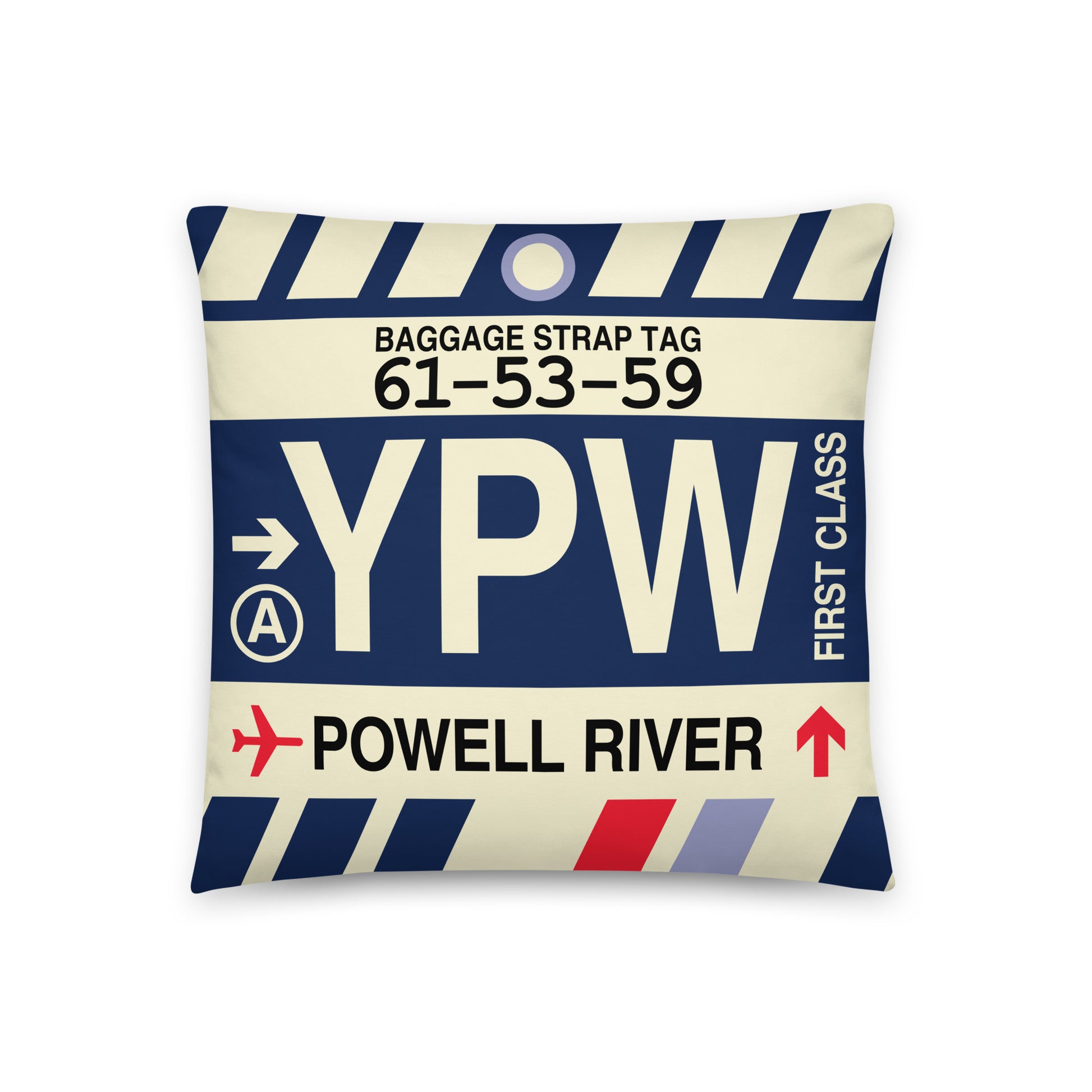YPW Powell River Throw Pillow • Jet Age Baggage Tag Design • YHM Designs - Image 01