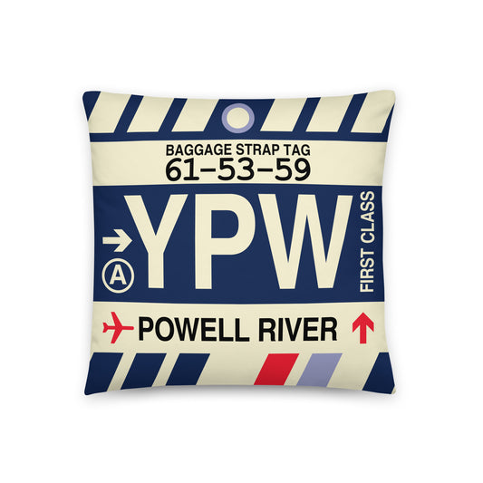 YPW Powell River Throw Pillow • Jet Age Baggage Tag Design • YHM Designs - Image 01
