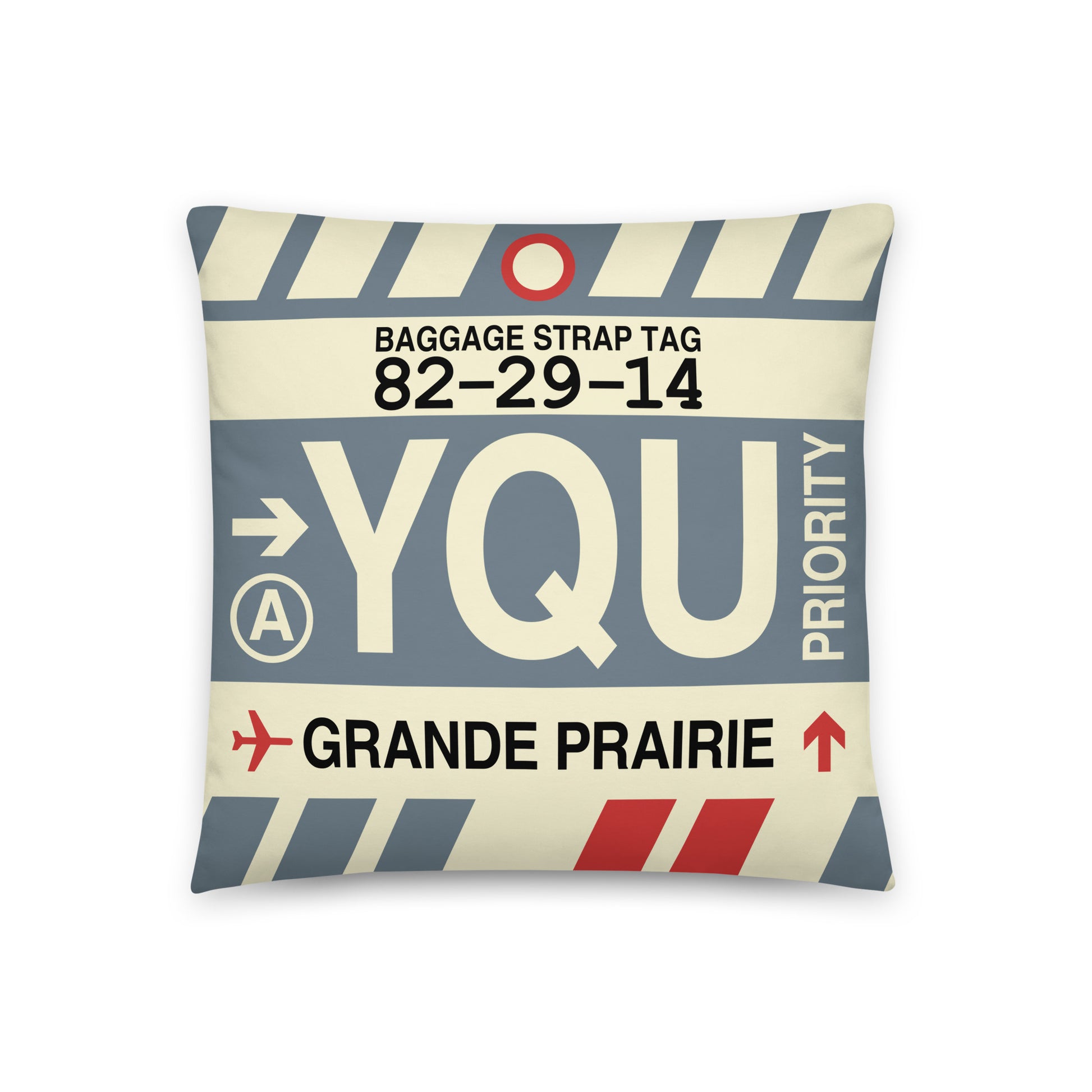 YQU Grande Prairie Throw Pillow • Jet Age Baggage Tag Design • YHM Designs - Image 01