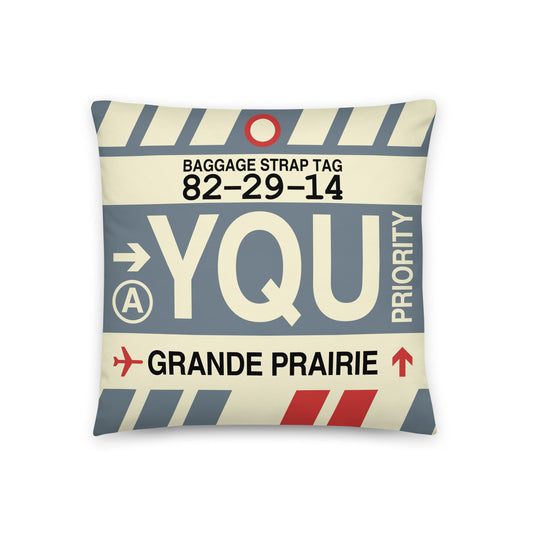 YQU Grande Prairie Throw Pillow • Jet Age Baggage Tag Design • YHM Designs - Image 01