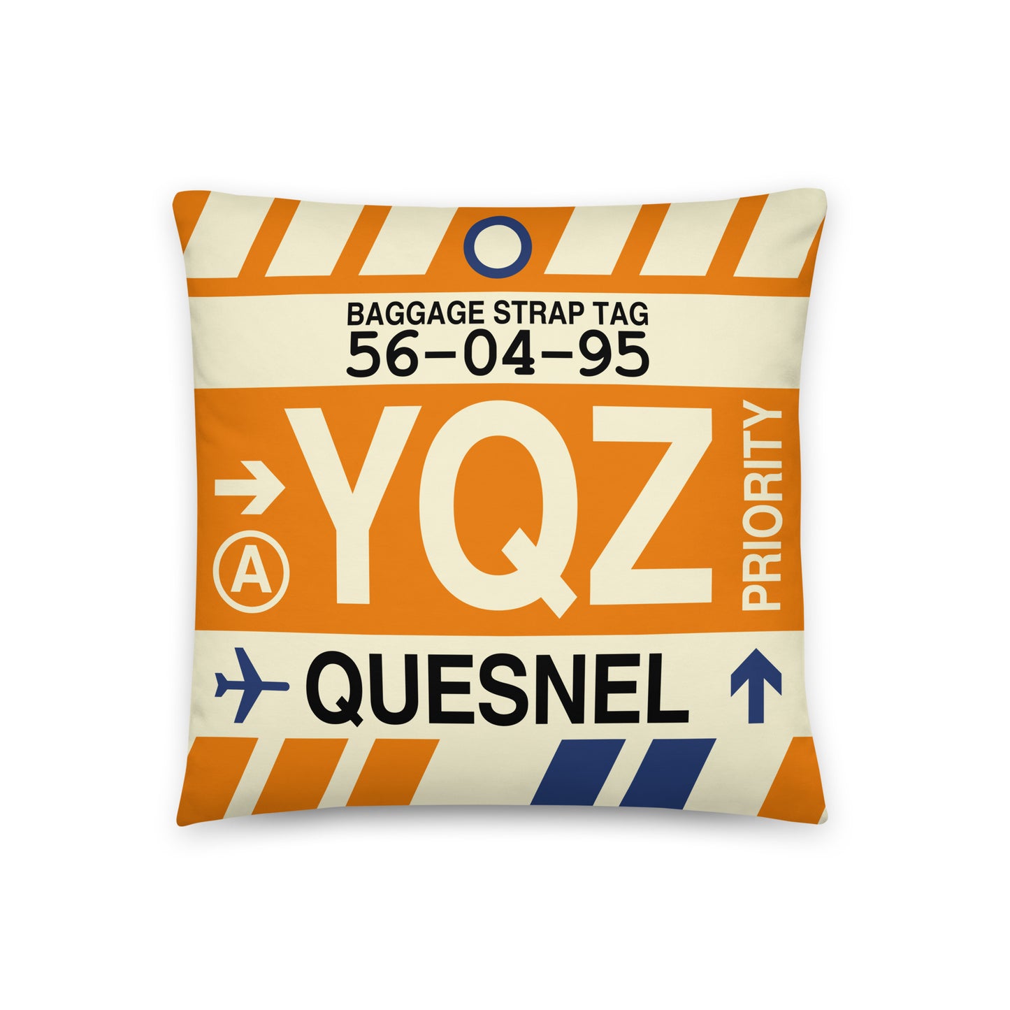 YQZ Quesnel Throw Pillow • Jet Age Baggage Tag Design • YHM Designs - Image 01