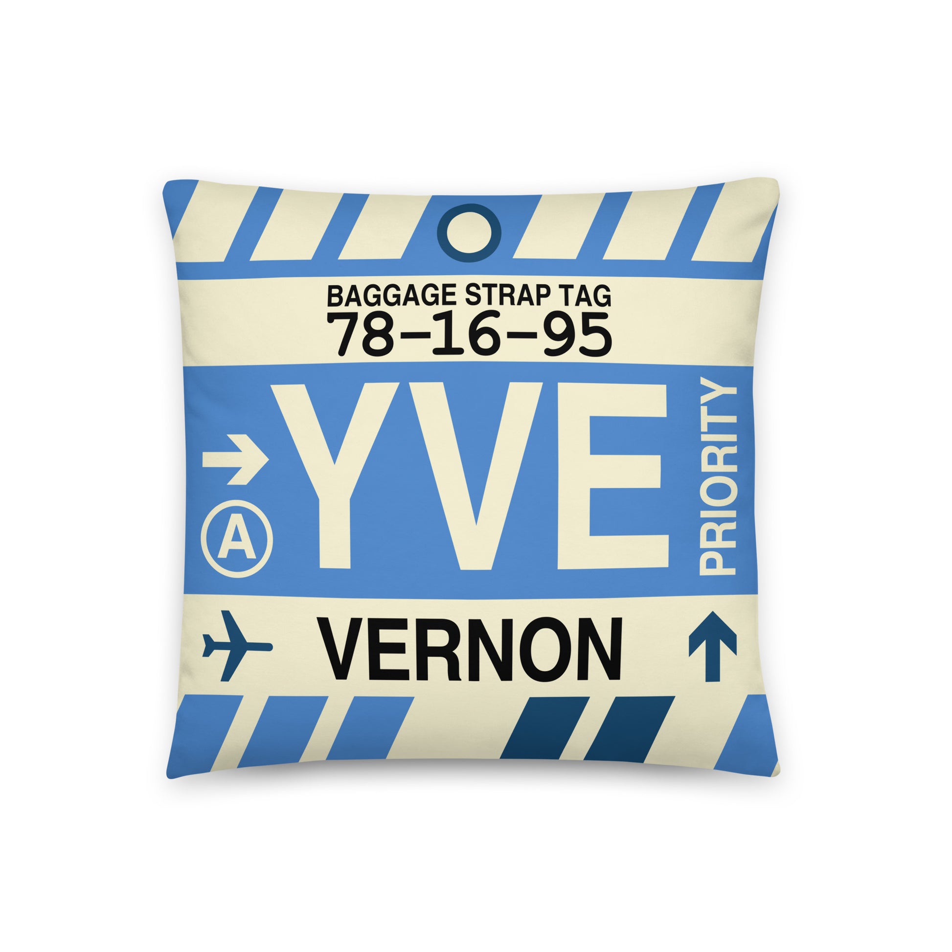 YVE Vernon Throw Pillow • Jet Age Baggage Tag Design • YHM Designs - Image 01