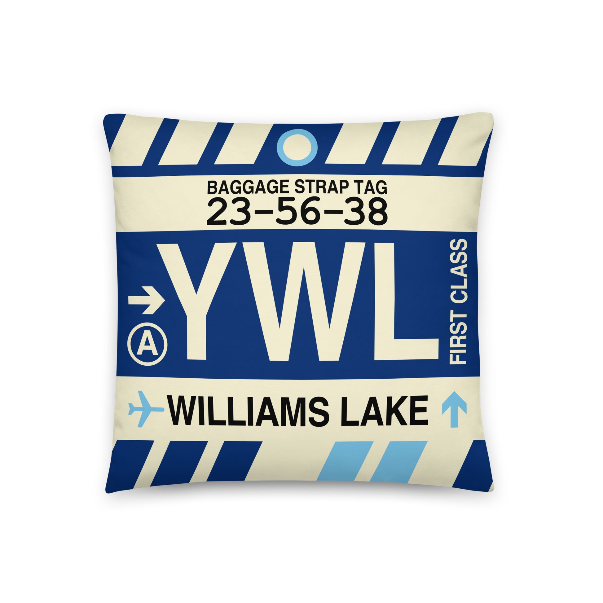 YWL Williams Lake Throw Pillow • Jet Age Baggage Tag Design • YHM Designs - Image 01