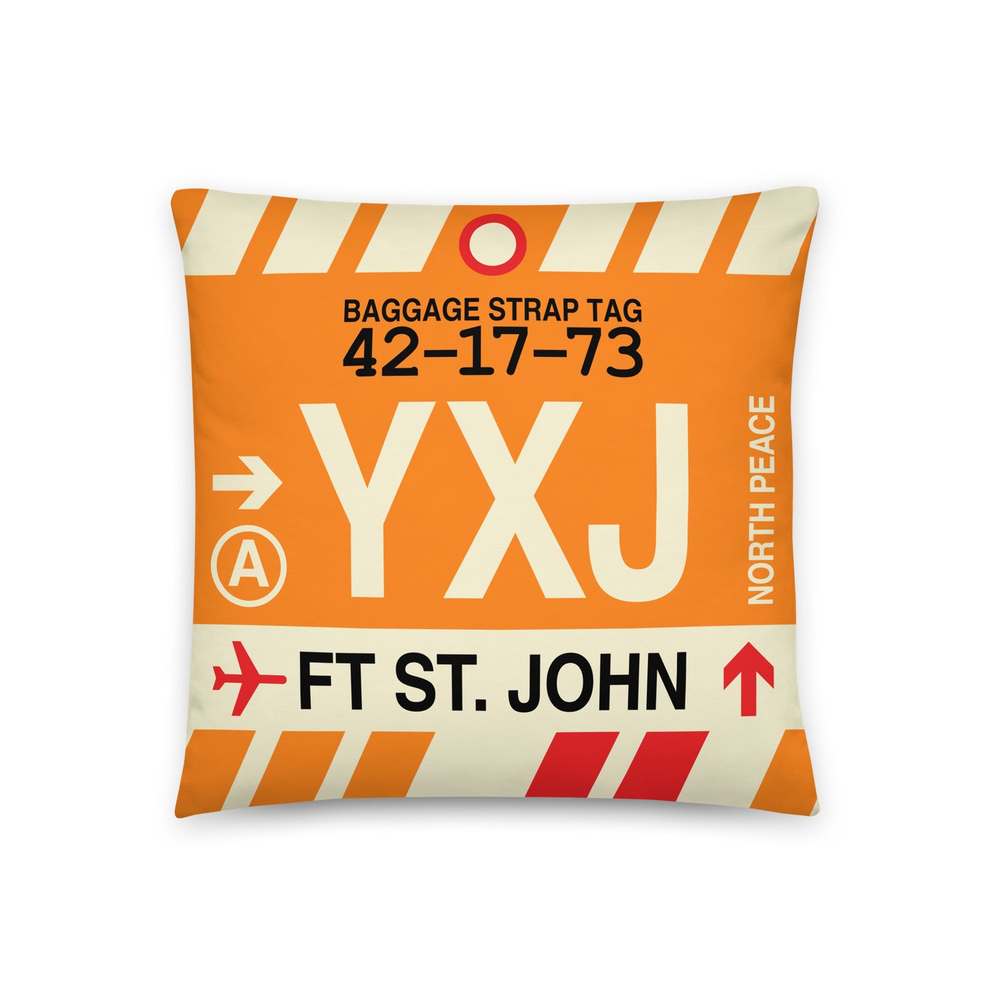 YXJ Fort St. John Throw Pillow • Jet Age Baggage Tag Design • YHM Designs - Image 01