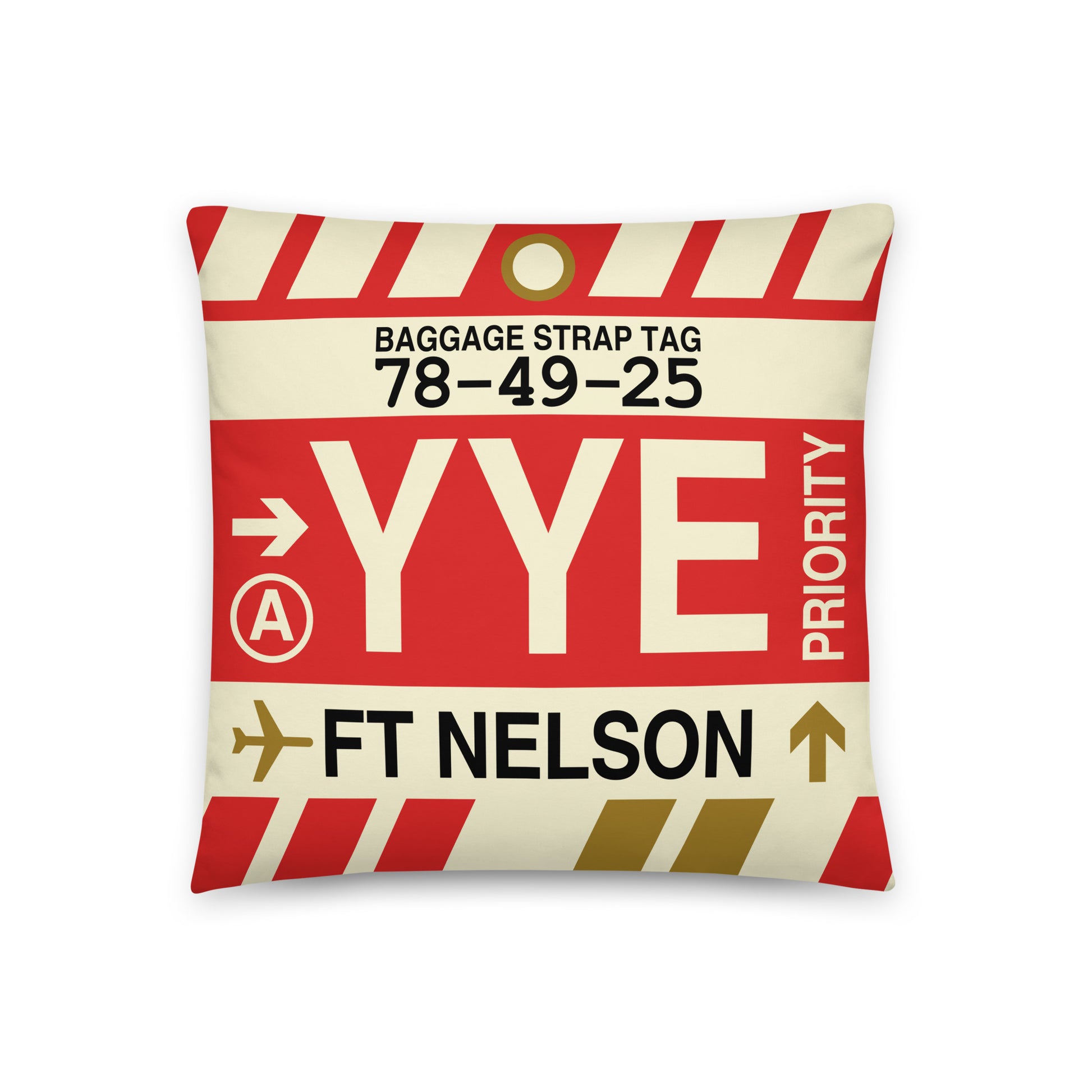 YYE Fort Nelson Throw Pillow • Jet Age Baggage Tag Design • YHM Designs - Image 01