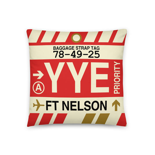 YYE Fort Nelson Throw Pillow • Jet Age Baggage Tag Design • YHM Designs - Image 01