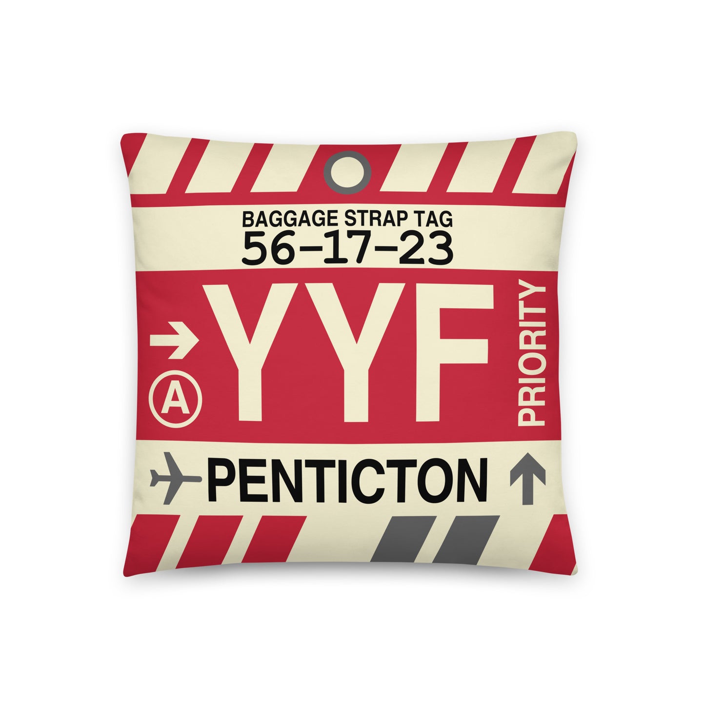 YYF Penticton Throw Pillow • Jet Age Baggage Tag Design • YHM Designs - Image 01