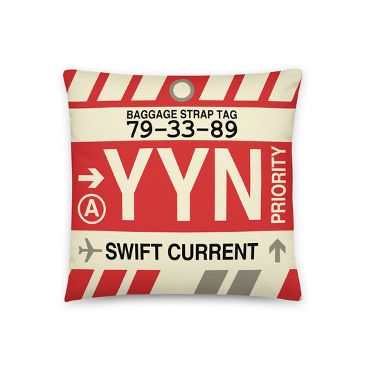 YYN Swift Current Throw Pillow • Jet Age Baggage Tag Design • YHM Designs - Image 01