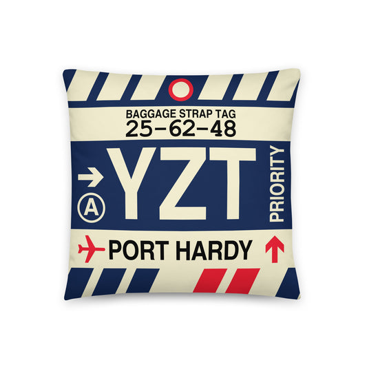 YZT Port Hardy Throw Pillow • Jet Age Baggage Tag Design • YHM Designs - Image 01