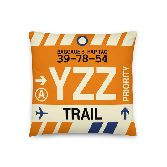 YZZ Trail Throw Pillow • Jet Age Baggage Tag Design • YHM Designs - Image 01
