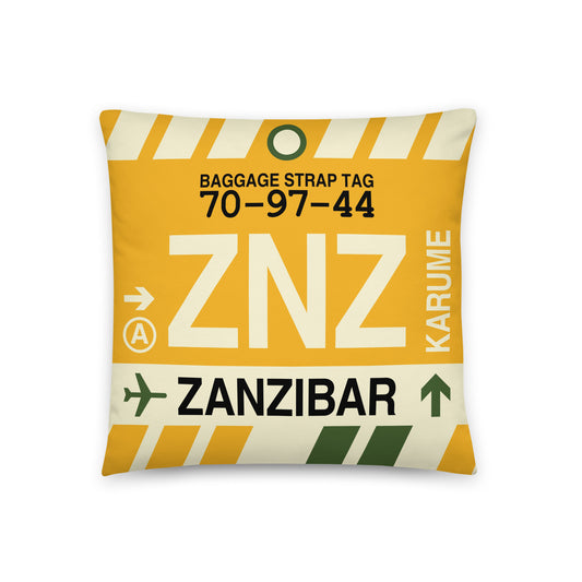 ZNZ Zanzibar Throw Pillow • Jet Age Baggage Tag Design • YHM Designs - Image 01