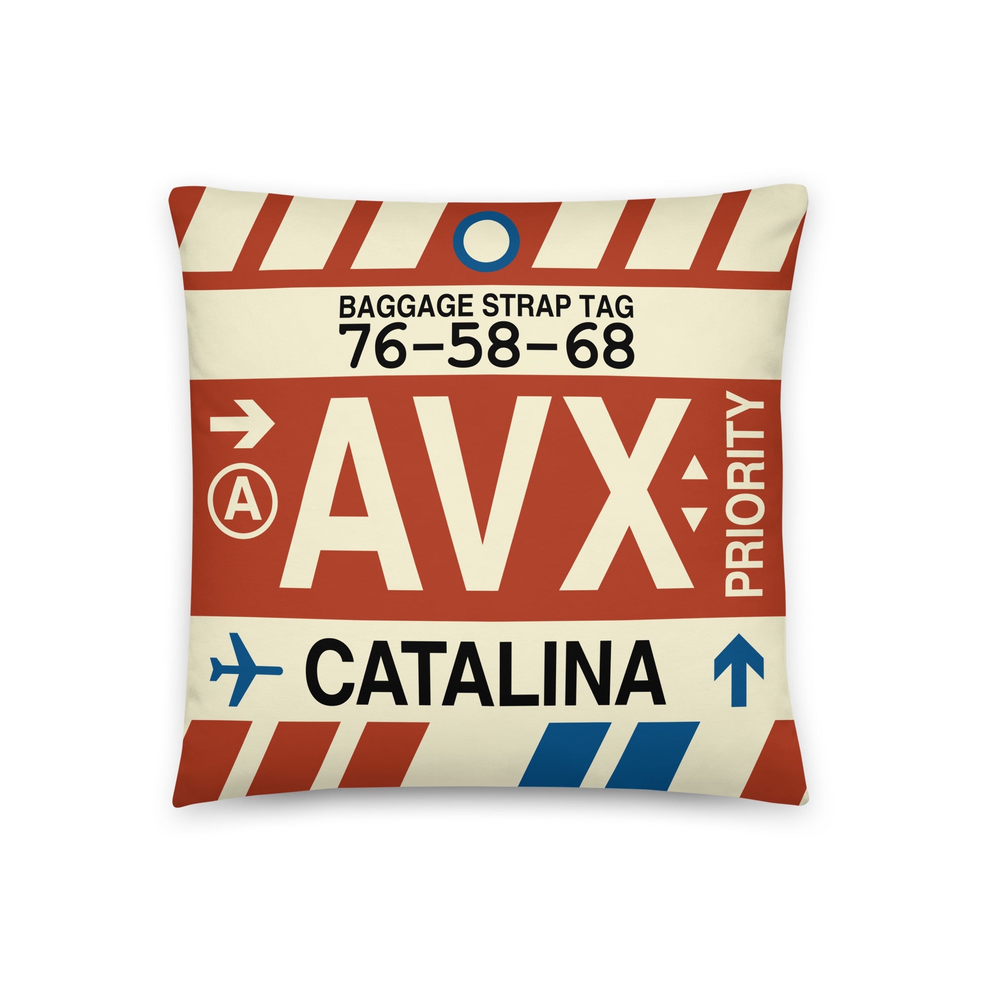 AVX Santa Catalina Throw Pillow • Jet Age Baggage Tag Design • YHM Designs - Image 01