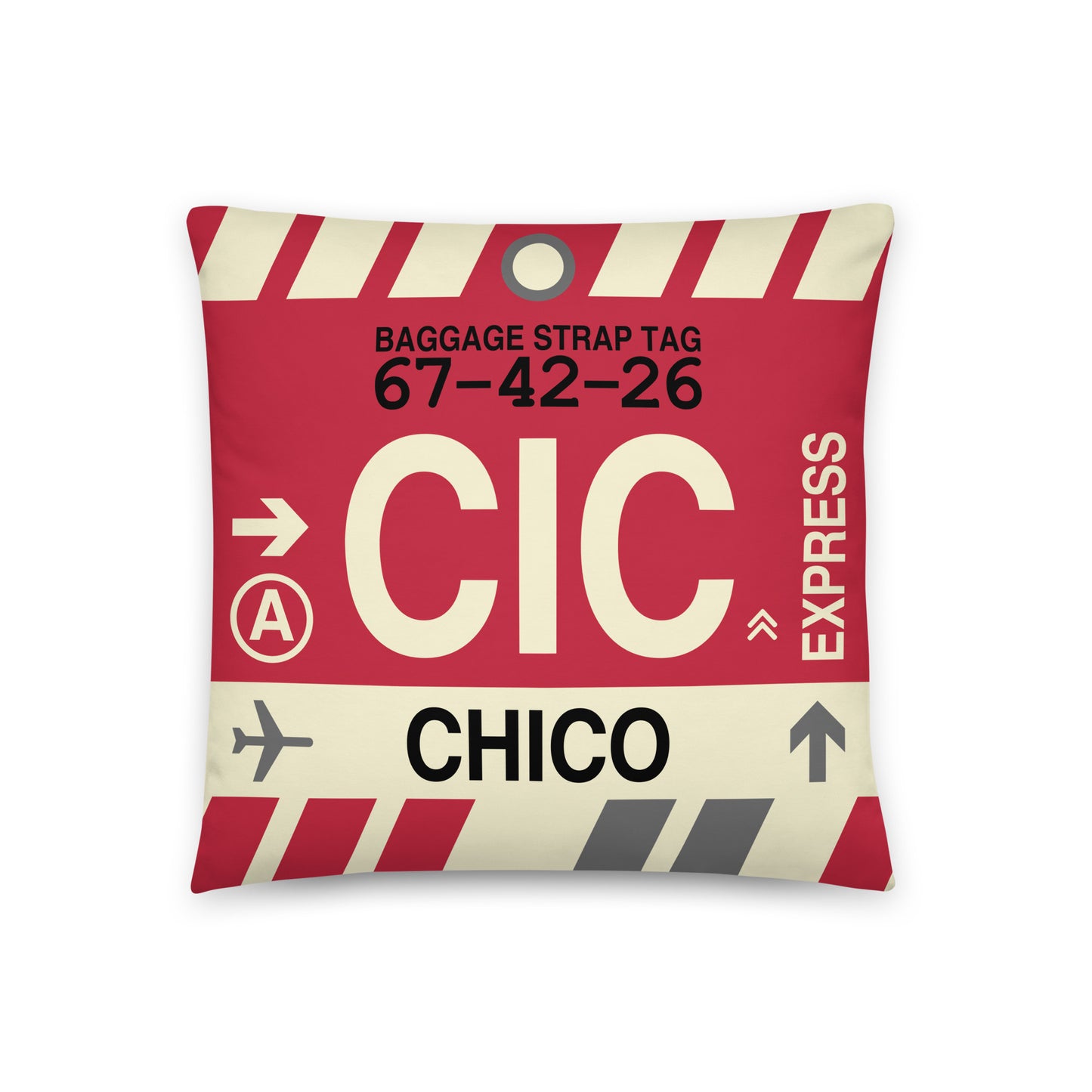 CIC Chico Throw Pillow • Jet Age Baggage Tag Design • YHM Designs - Image 01
