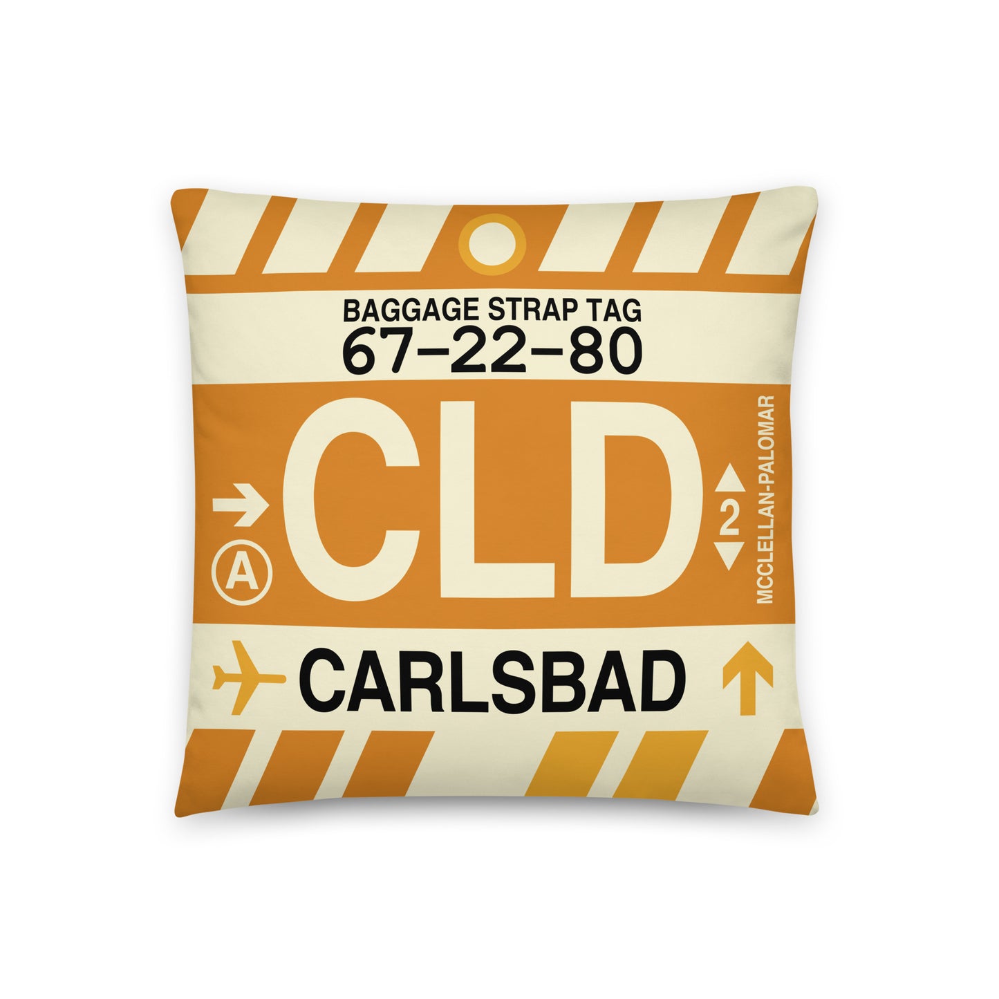 CLD Carlsbad Throw Pillow • Jet Age Baggage Tag Design • YHM Designs - Image 01