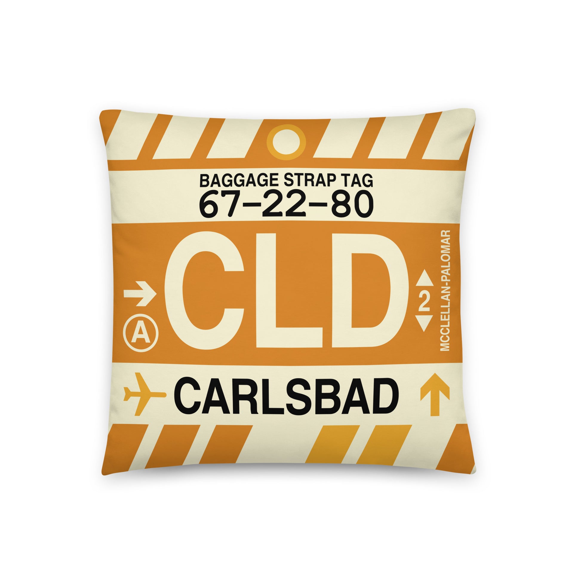 CLD Carlsbad Throw Pillow • Jet Age Baggage Tag Design • YHM Designs - Image 01