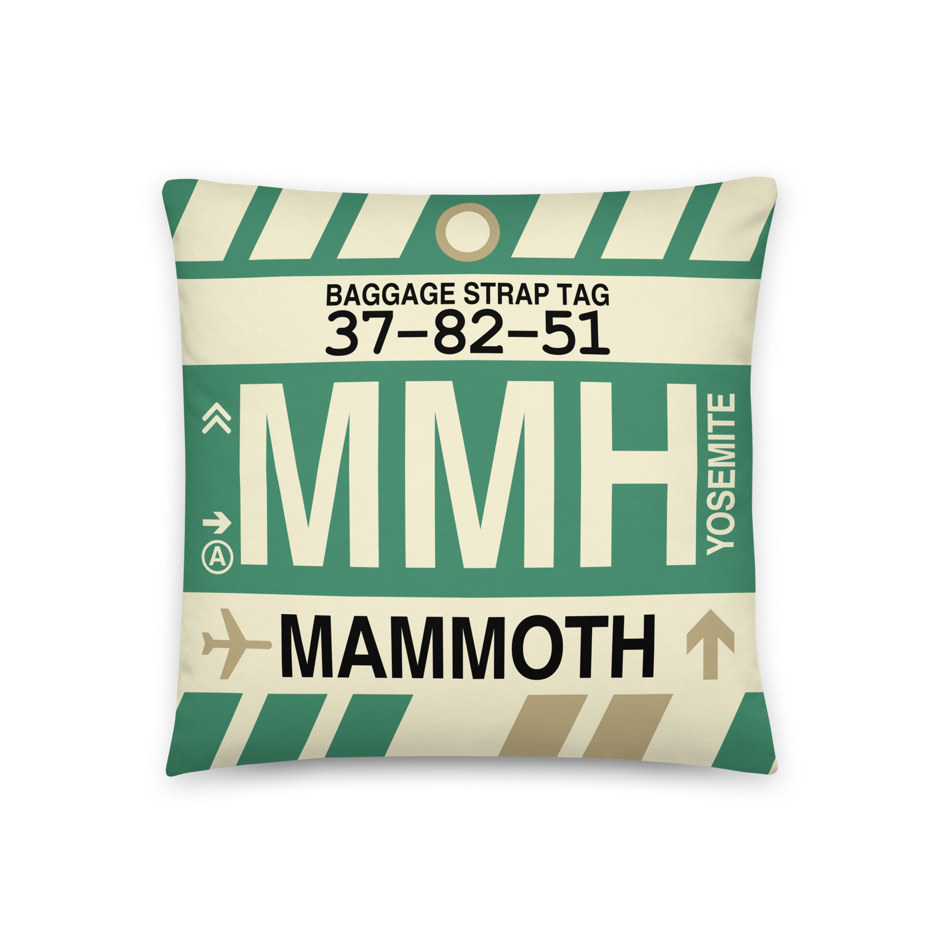 MMH Mammoth Lakes Throw Pillow • Jet Age Baggage Tag Design • YHM Designs - Image 01