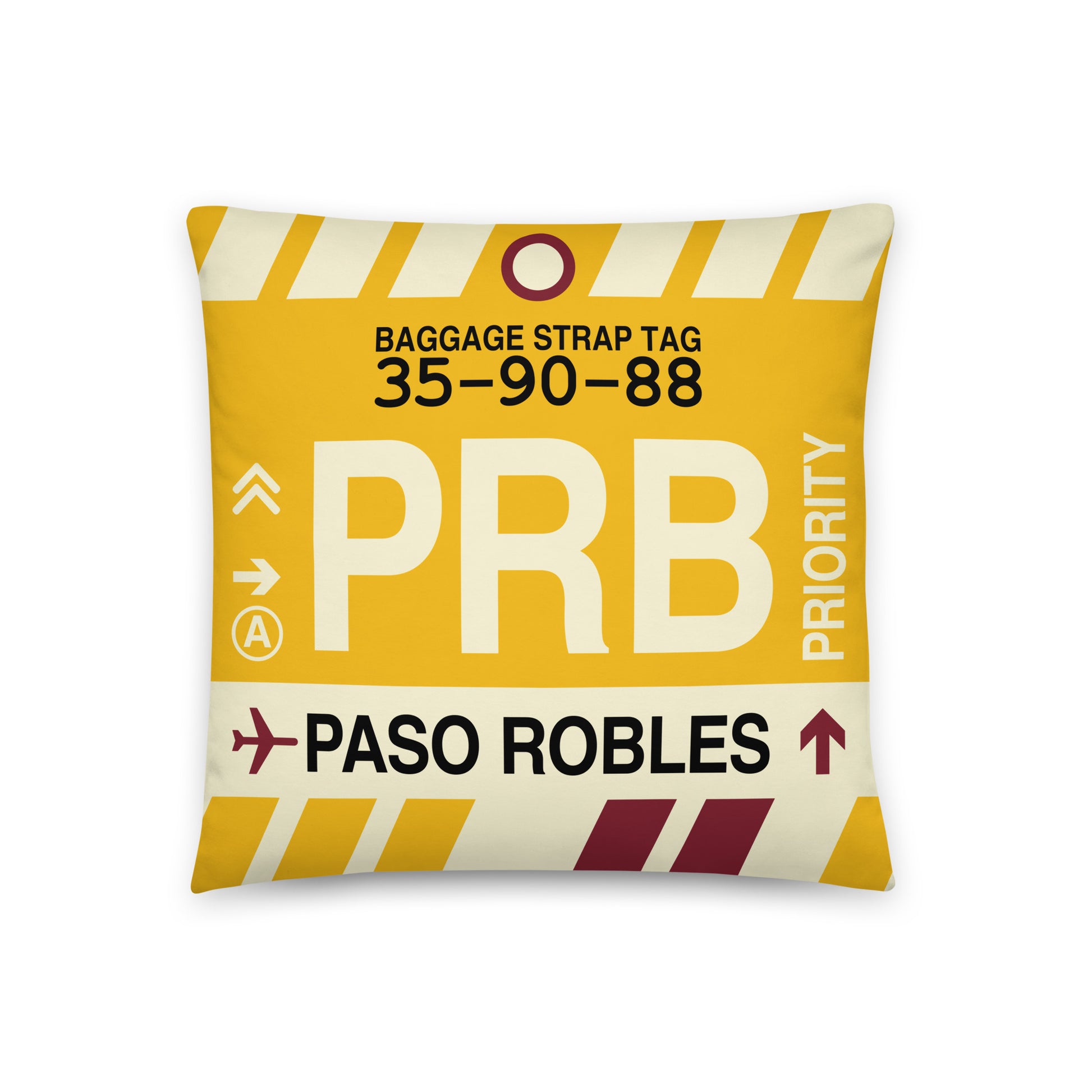 PRB Paso Robles Throw Pillow • Jet Age Baggage Tag Design • YHM Designs - Image 01
