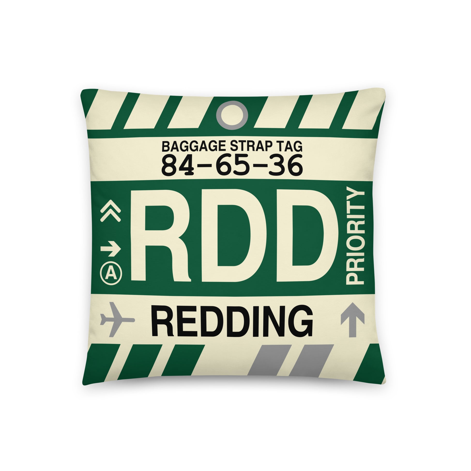 RDD Redding Throw Pillow • Jet Age Baggage Tag Design • YHM Designs - Image 01