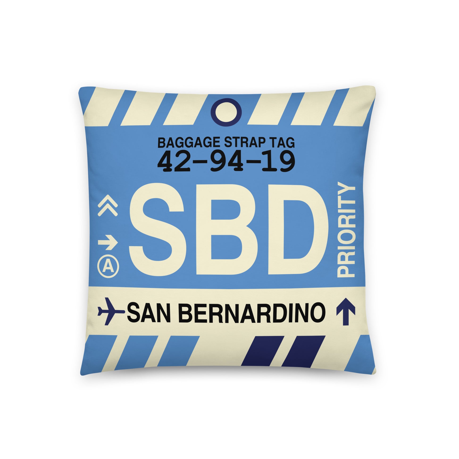 SBD San Bernardino Throw Pillow • Jet Age Baggage Tag Design • YHM Designs - Image 01