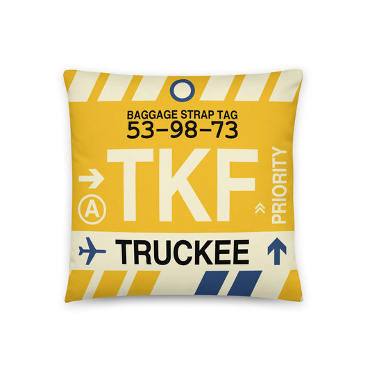 TKF Truckee Throw Pillow • Jet Age Baggage Tag Design • YHM Designs - Image 01