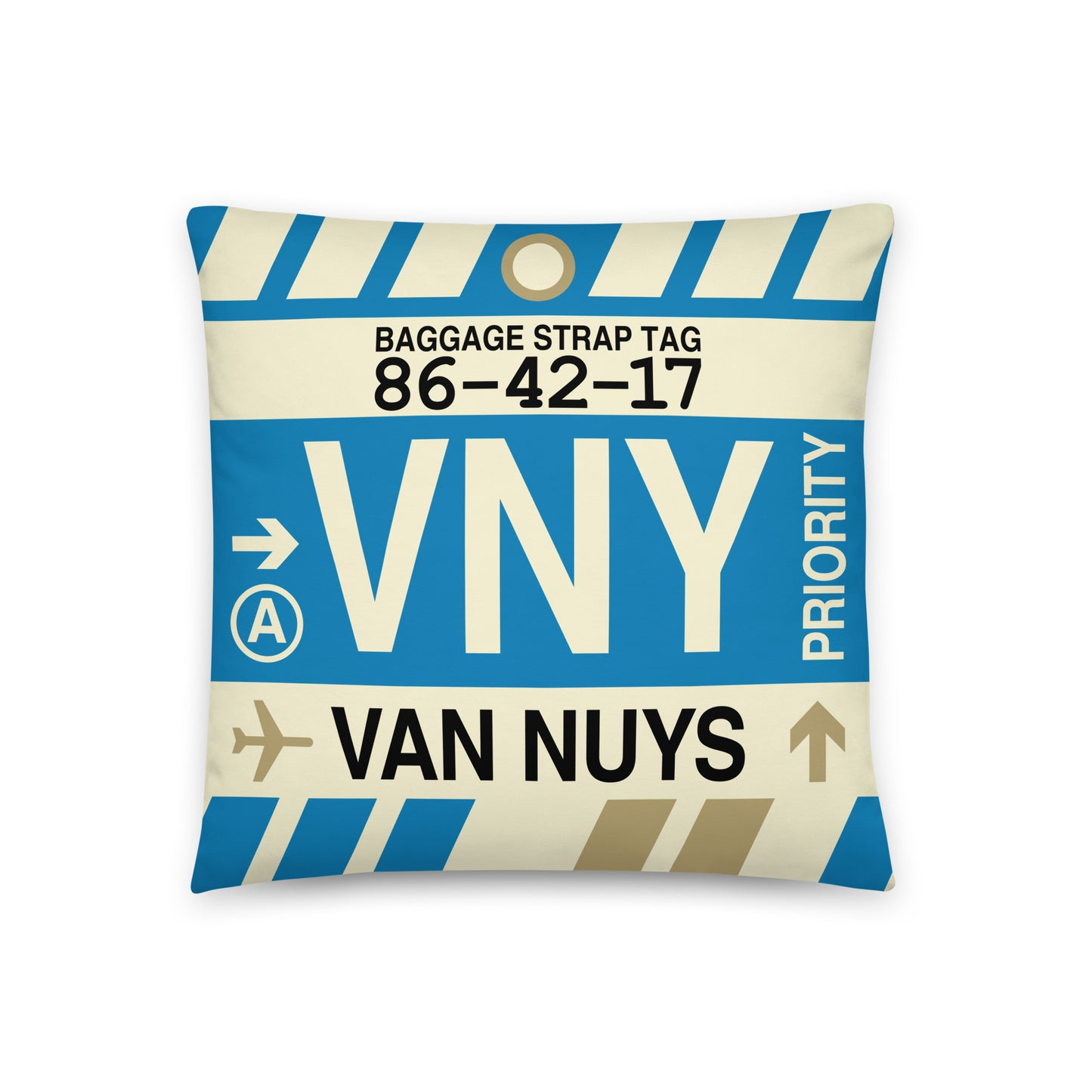 VNY Van Nuys Throw Pillow • Jet Age Baggage Tag Design • YHM Designs - Image 01