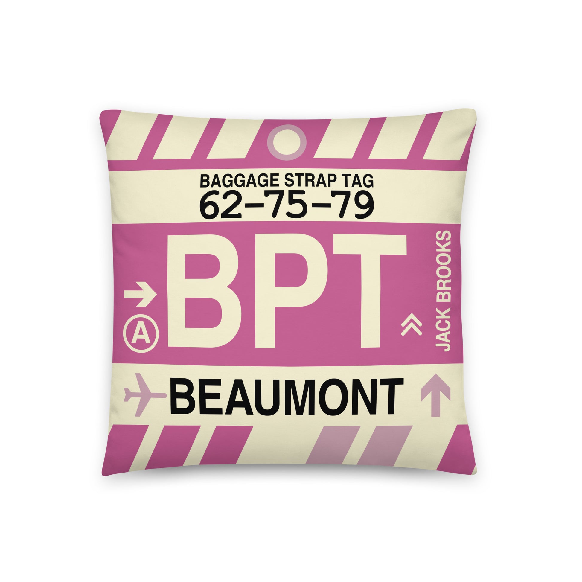 BPT Beaumont Throw Pillow • Jet Age Baggage Tag Design • YHM Designs - Image 01