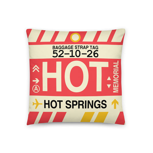 HOT Hot Springs Throw Pillow • Jet Age Baggage Tag Design • YHM Designs - Image 01