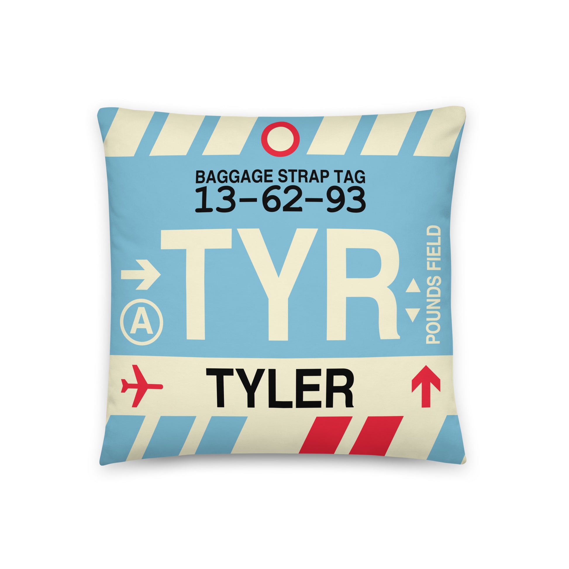 TYR Tyler Throw Pillow • Jet Age Baggage Tag Design • YHM Designs - Image 01