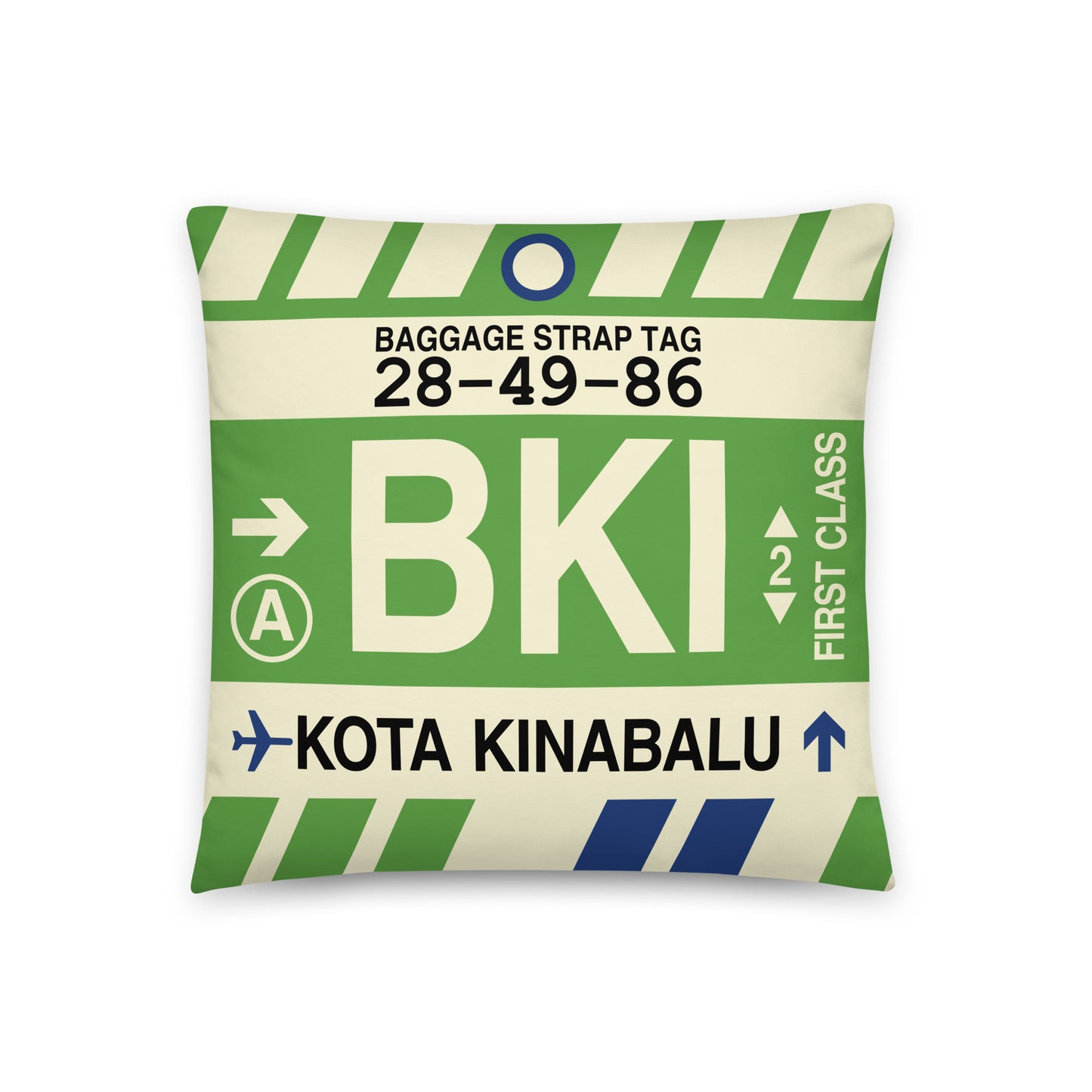 BKI Kota Kinabalu Throw Pillow • Jet Age Baggage Tag Design • YHM Designs - Image 01