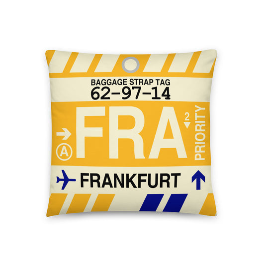 FRA Frankfurt Throw Pillow • Jet Age Baggage Tag Design • YHM Designs - Image 01