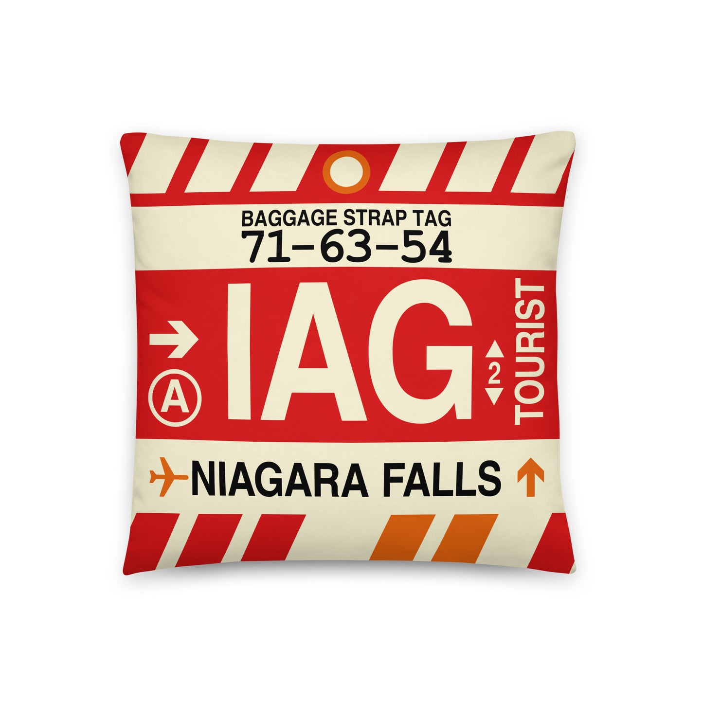 IAG Niagara Falls Throw Pillow • Jet Age Baggage Tag Design • YHM Designs - Image 01