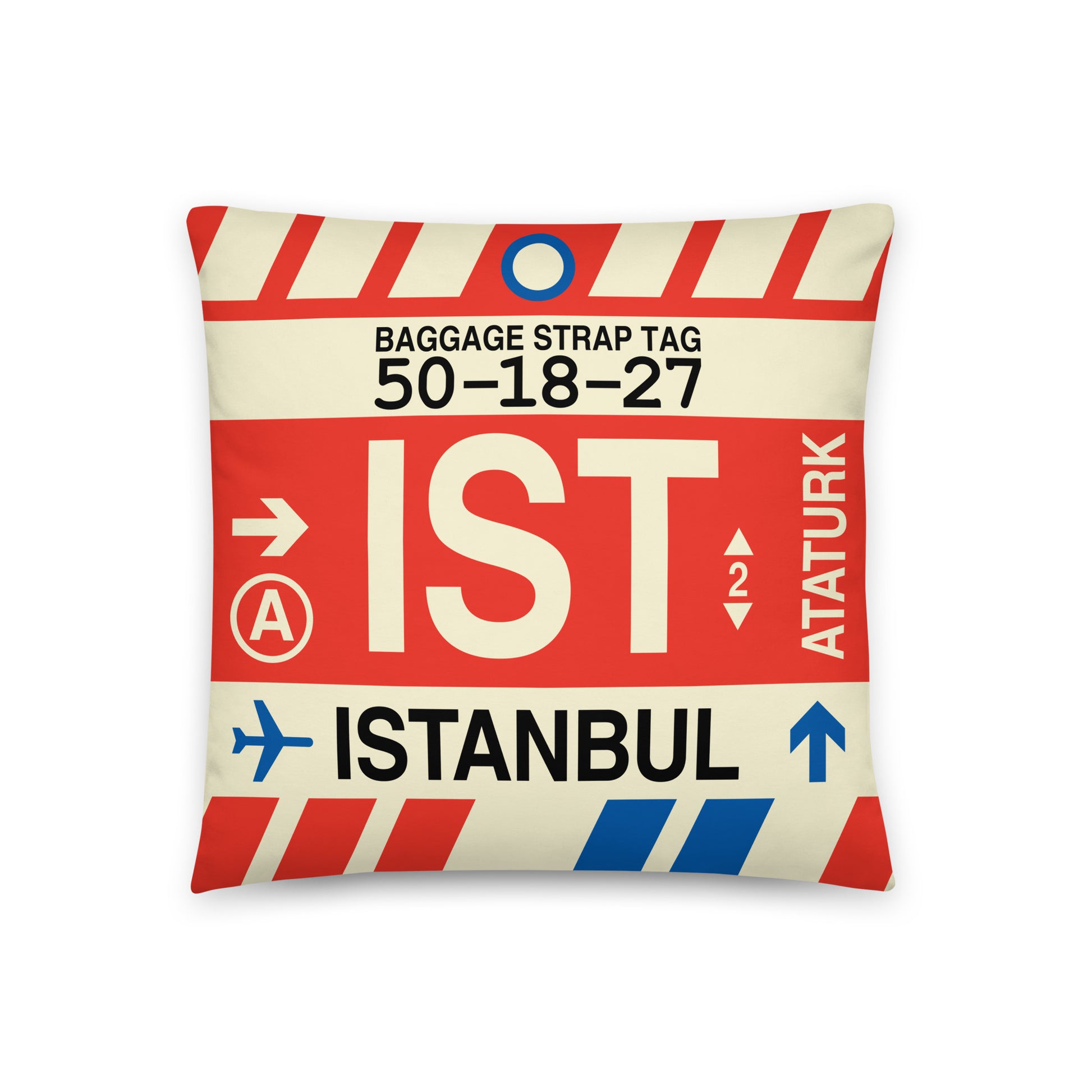IST Istanbul Throw Pillow • Jet Age Baggage Tag Design • YHM Designs - Image 01