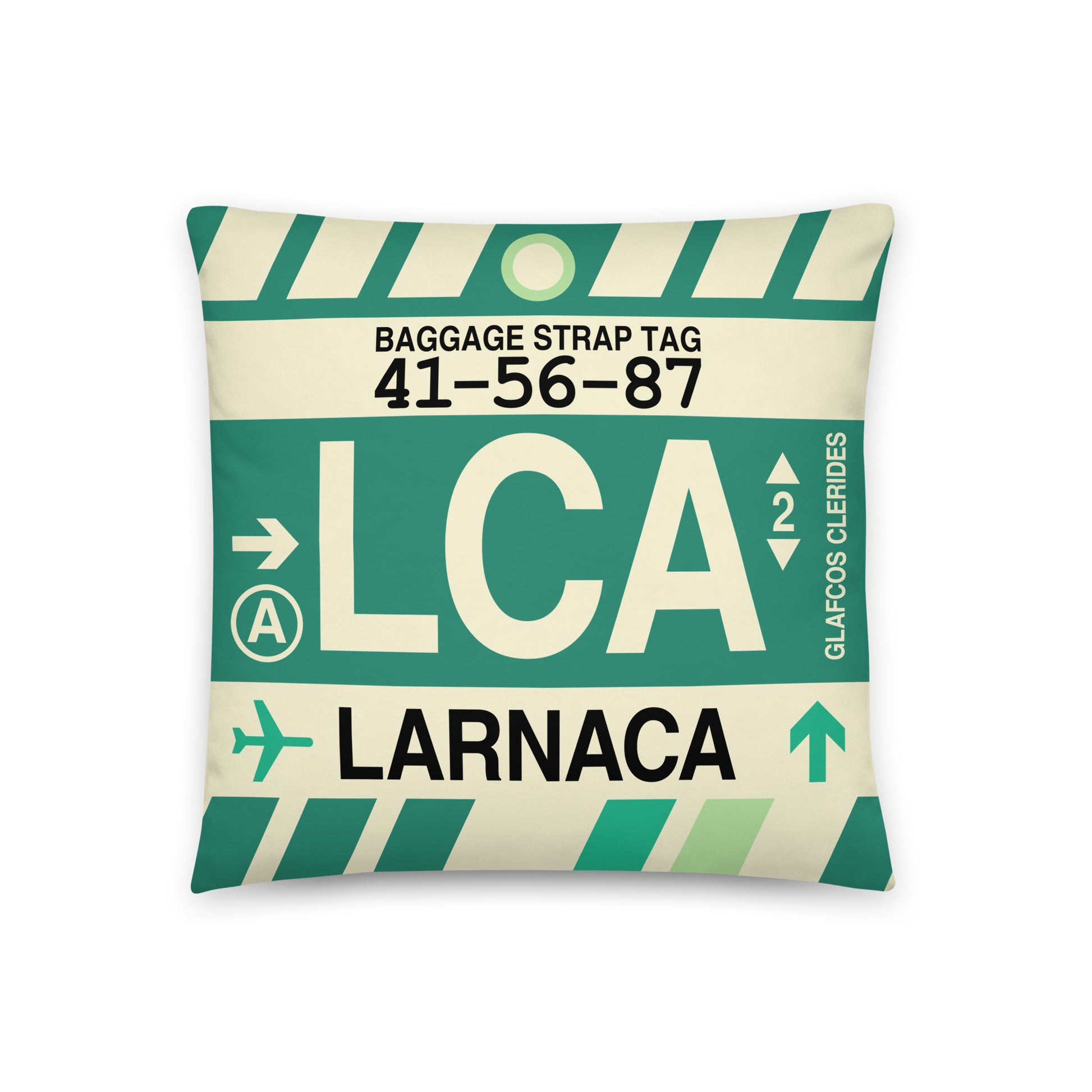 LCA Larnaca Throw Pillow • Jet Age Baggage Tag Design • YHM Designs - Image 01