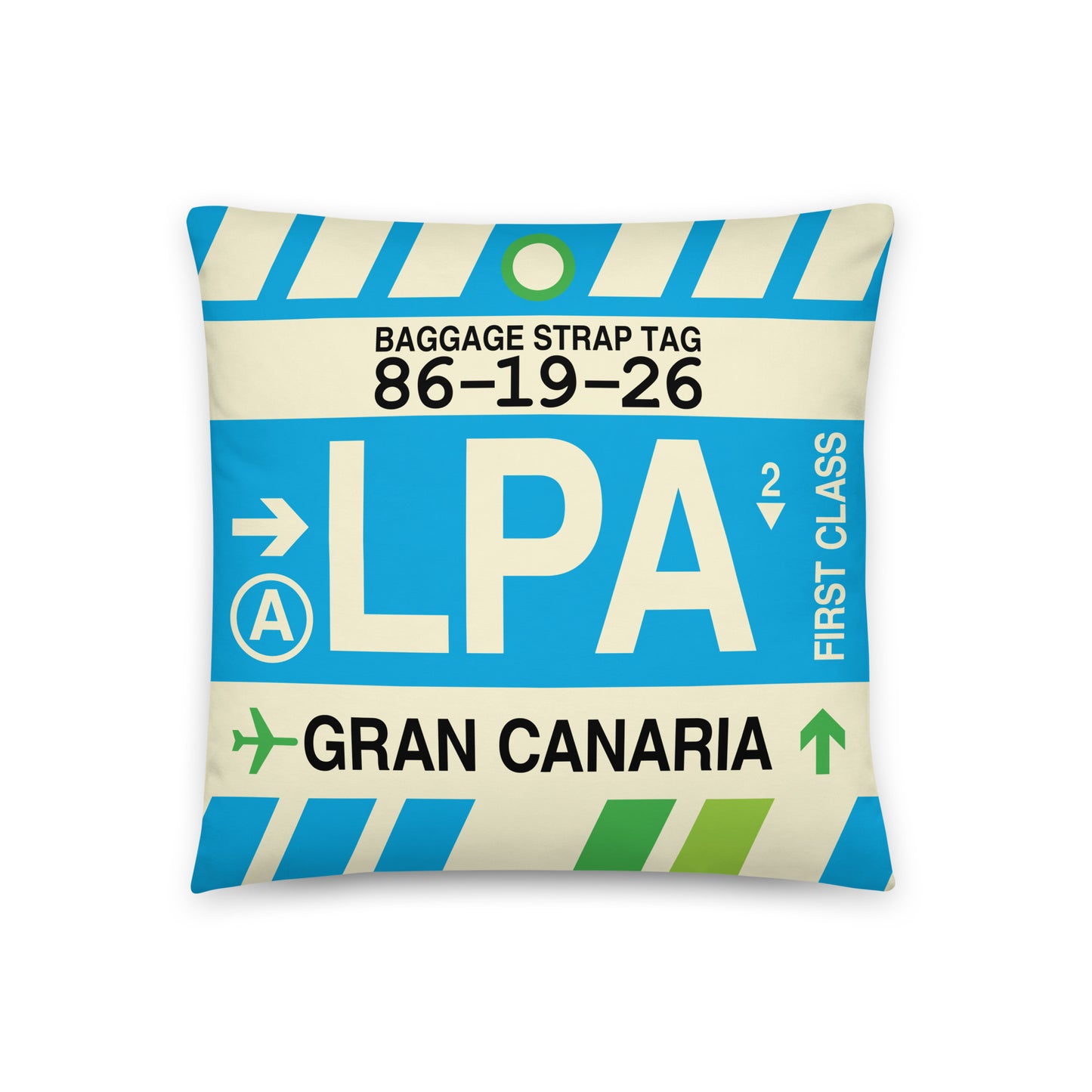 LPA Gran Canaria Throw Pillow • Jet Age Baggage Tag Design • YHM Designs - Image 01
