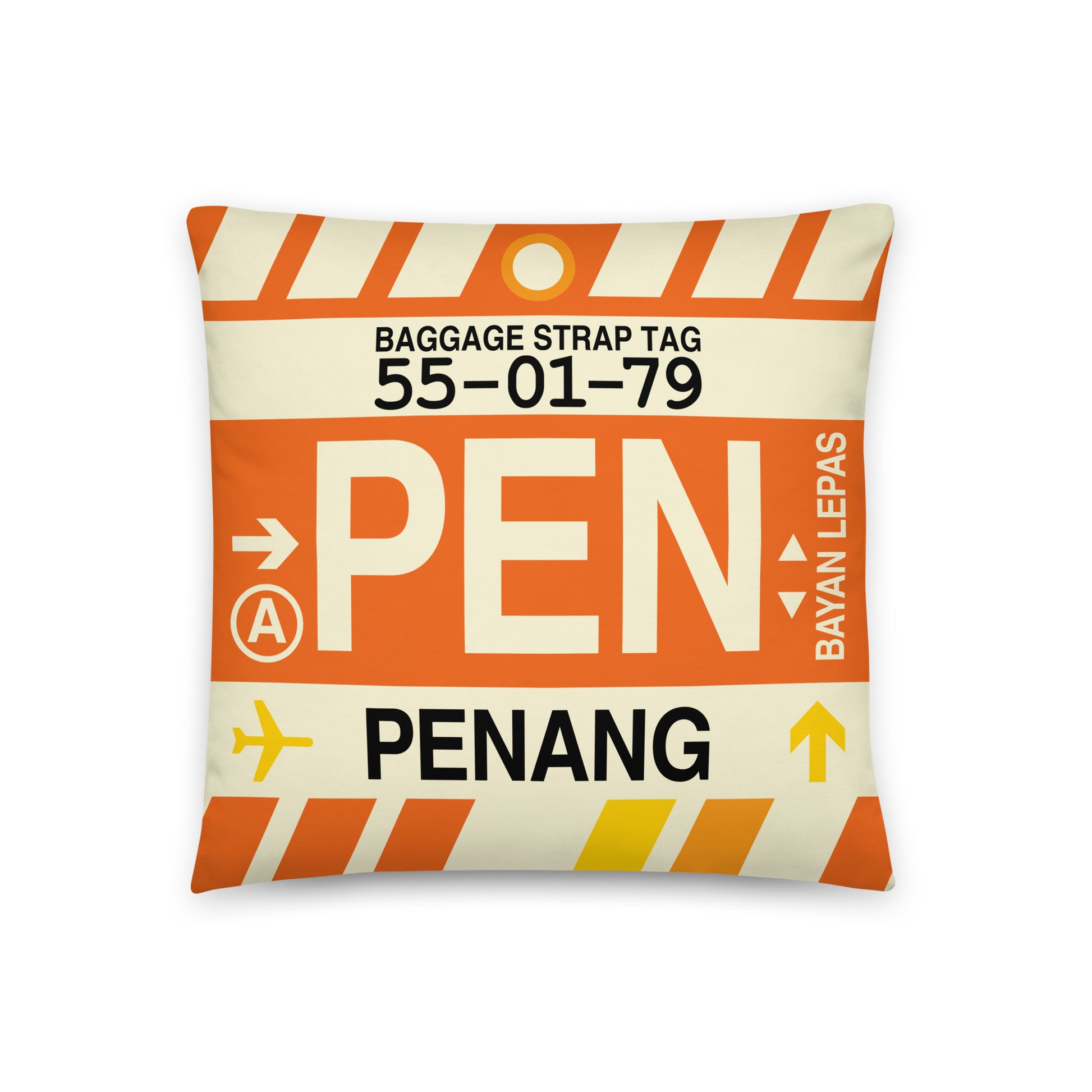 PEN Penang Throw Pillow • Jet Age Baggage Tag Design • YHM Designs - Image 01