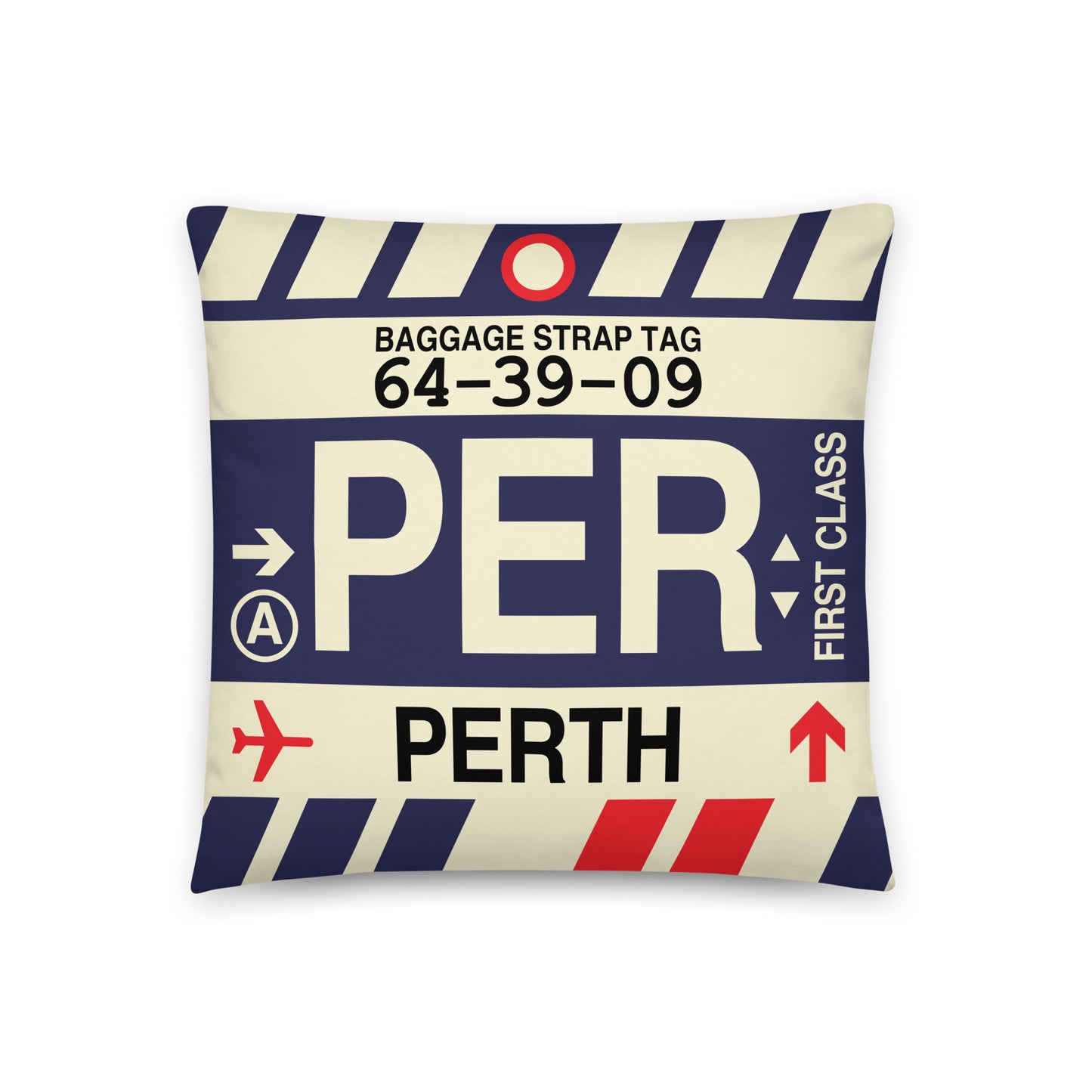 PER Perth Throw Pillow • Jet Age Baggage Tag Design • YHM Designs - Image 01