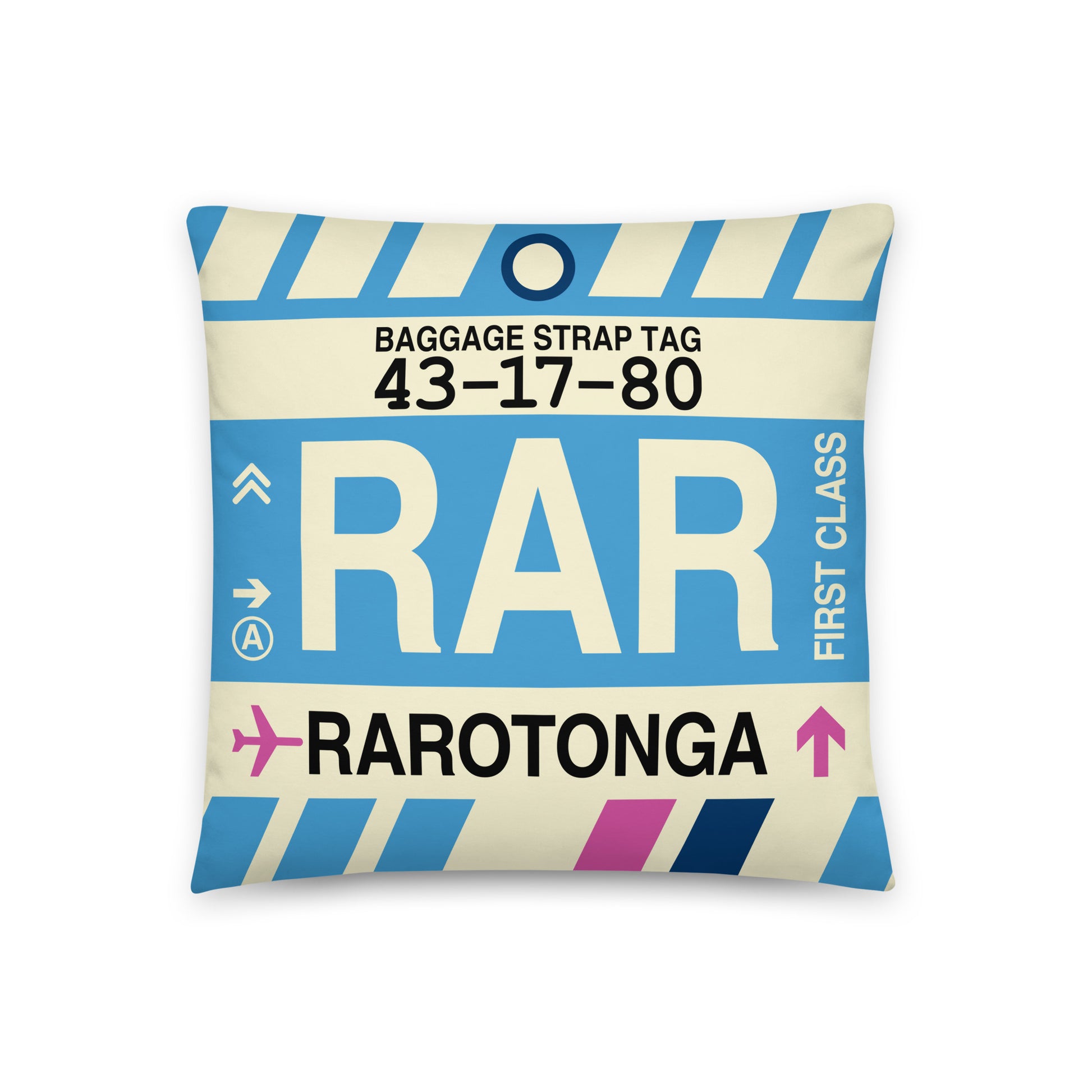 RAR Rarotonga Throw Pillow • Jet Age Baggage Tag Design • YHM Designs - Image 01