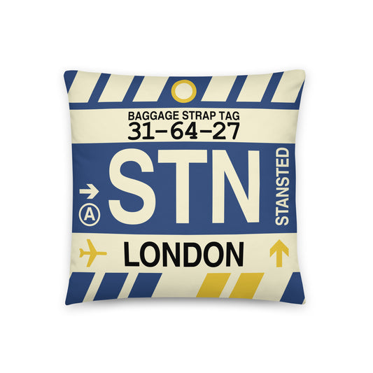 STN London Throw Pillow • Jet Age Baggage Tag Design • YHM Designs - Image 01