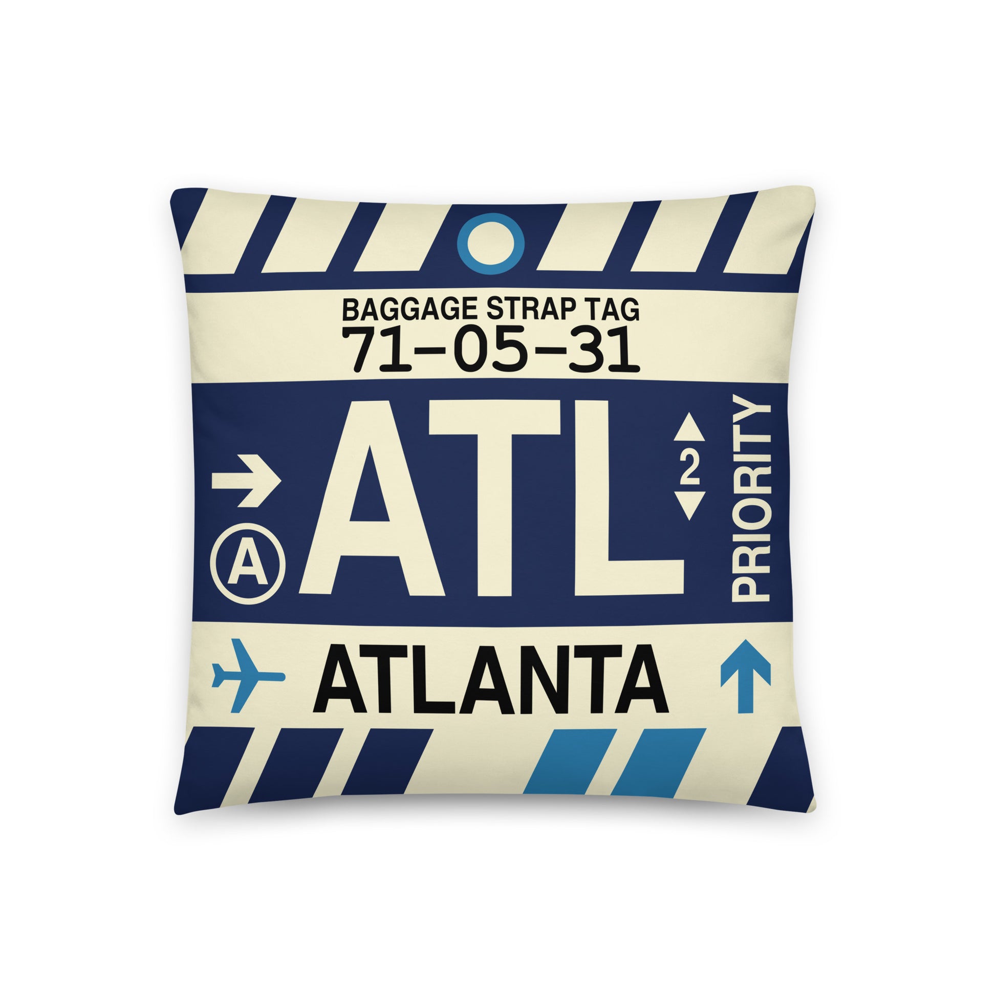 ATL Atlanta Throw Pillow • Jet Age Baggage Tag Design • YHM Designs - Image 01