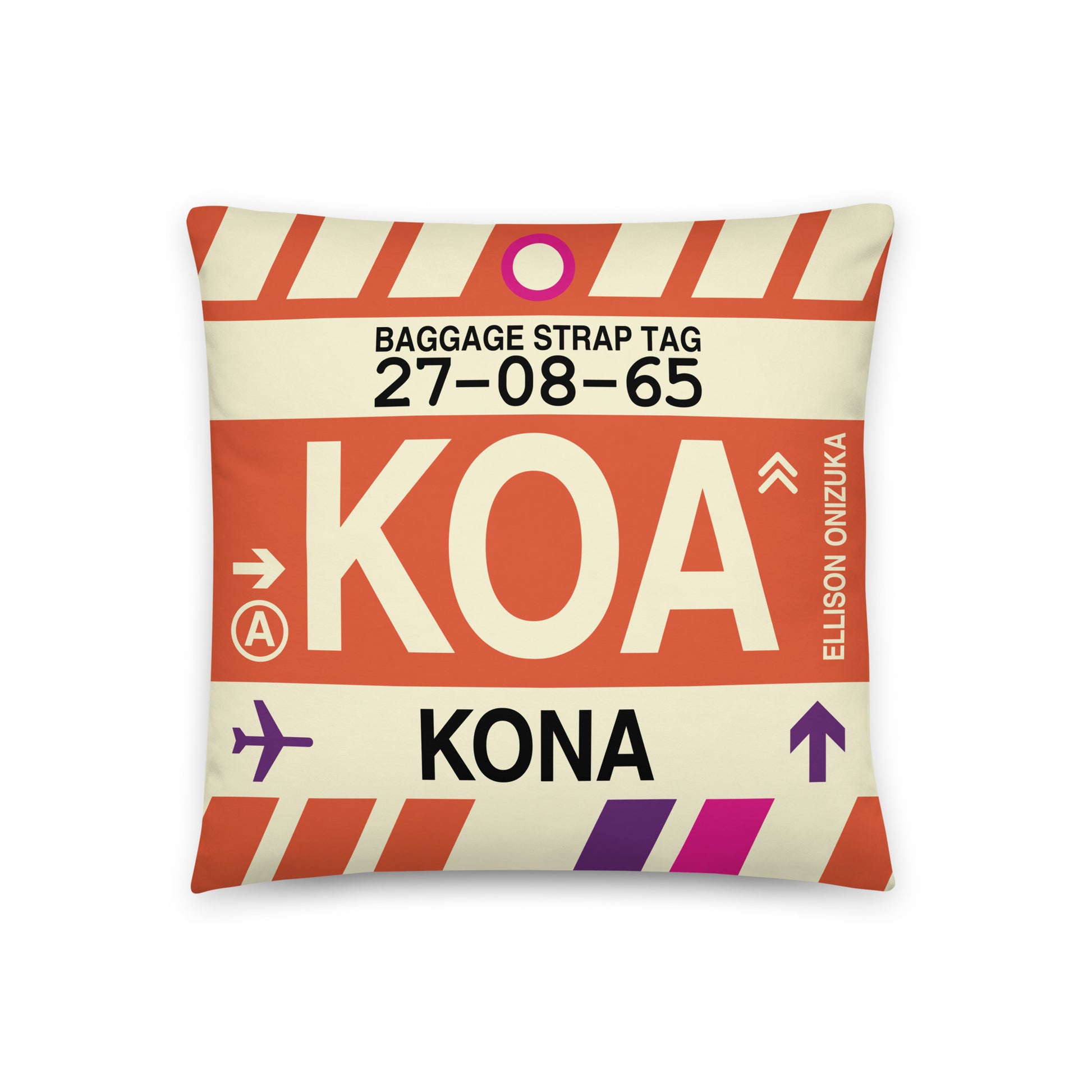 KOA Kona Throw Pillow • Jet Age Baggage Tag Design • YHM Designs - Image 01