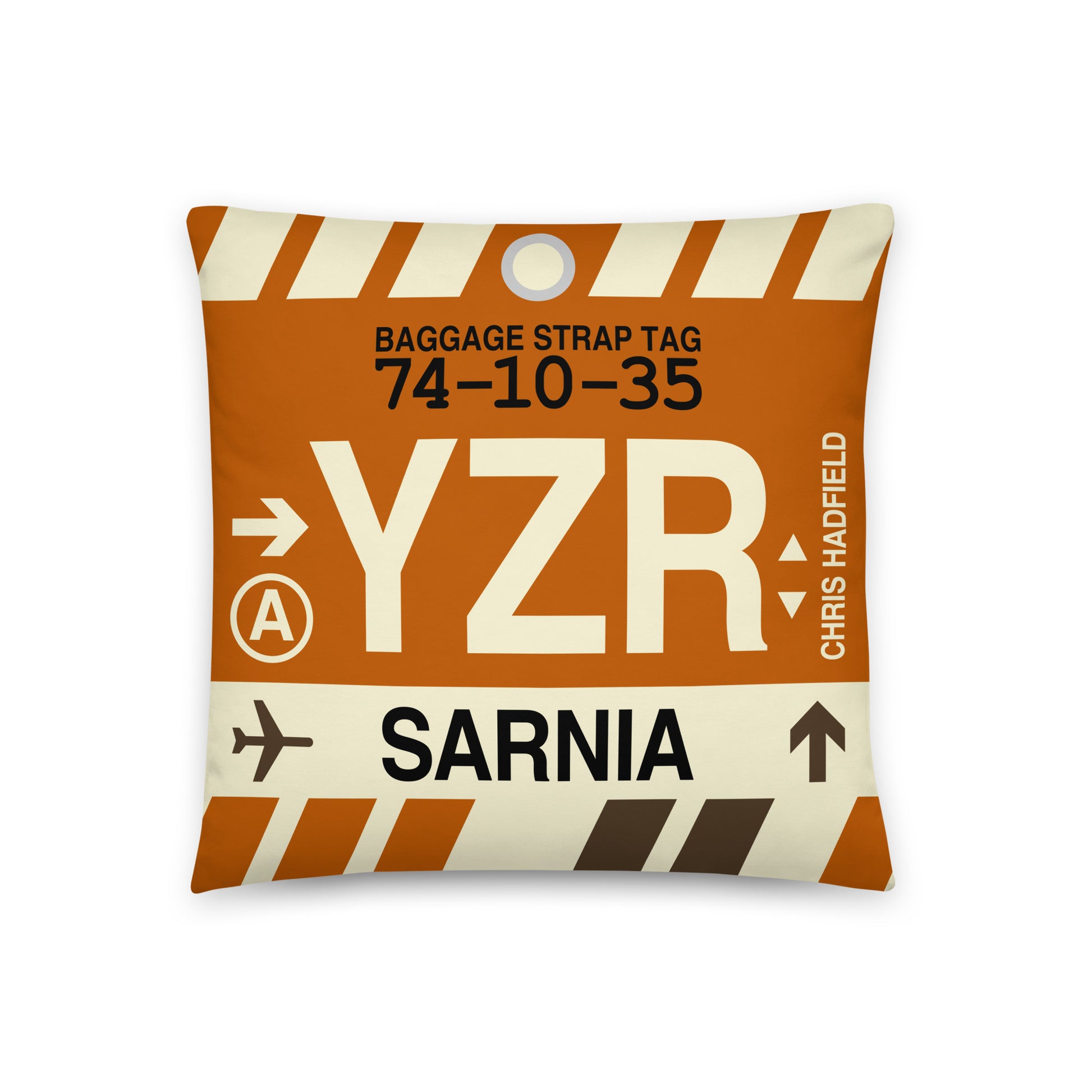 YZR Sarnia Throw Pillow • Jet Age Baggage Tag Design • YHM Designs - Image 01