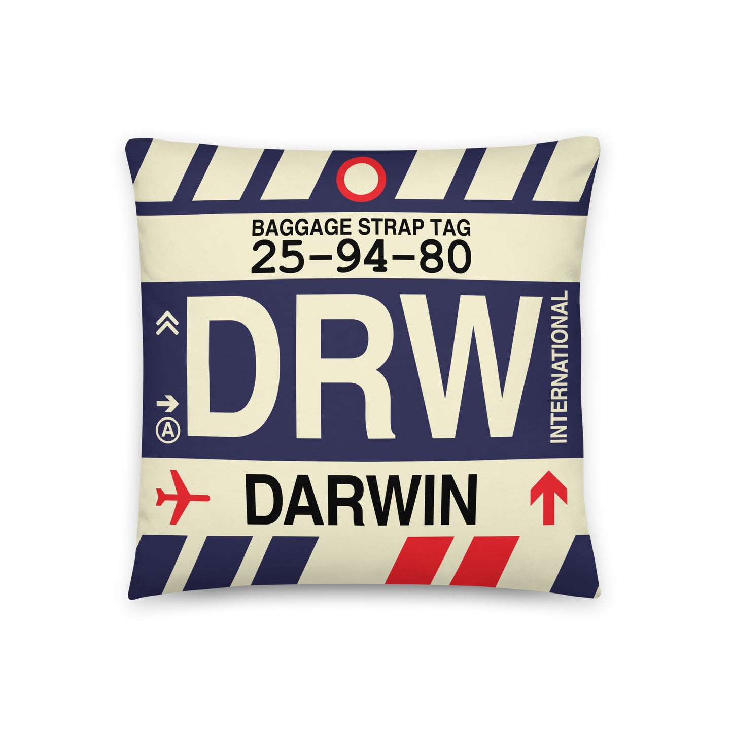 DRW Darwin Throw Pillow • Jet Age Baggage Tag Design • YHM Designs - Image 01