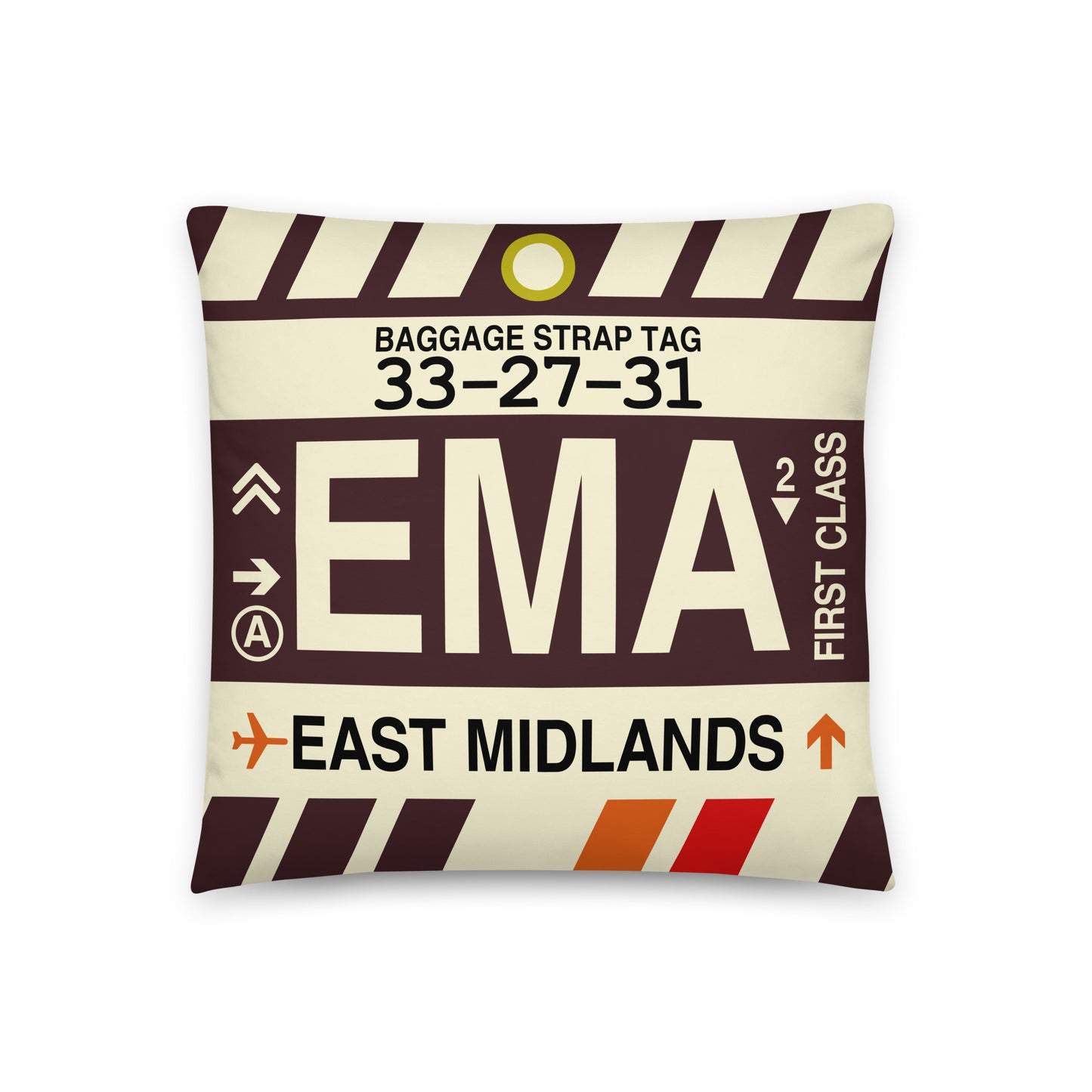 EMA East Midlands Throw Pillow • Jet Age Baggage Tag Design • YHM Designs - Image 01