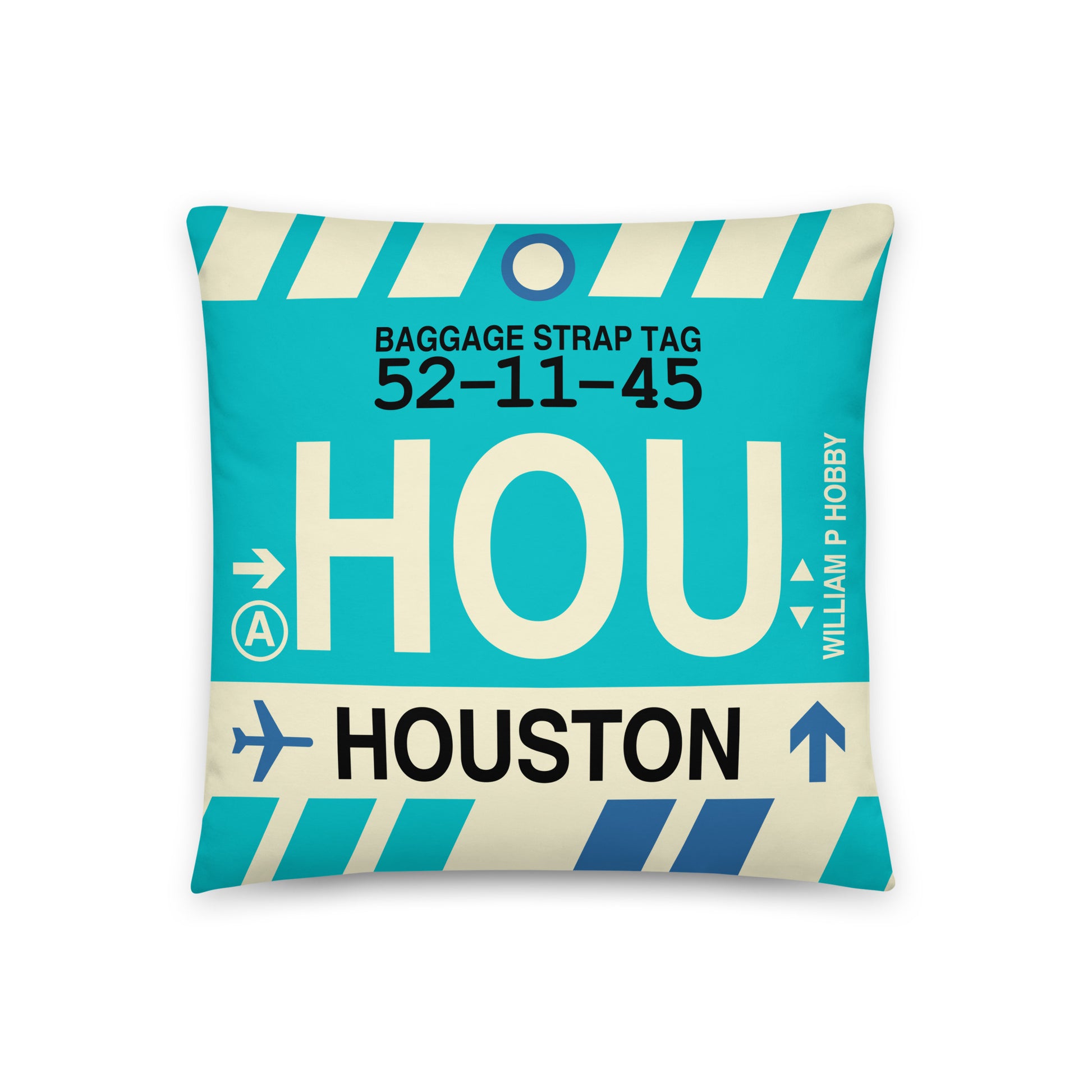 HOU Houston Throw Pillow • Jet Age Baggage Tag Design • YHM Designs - Image 01