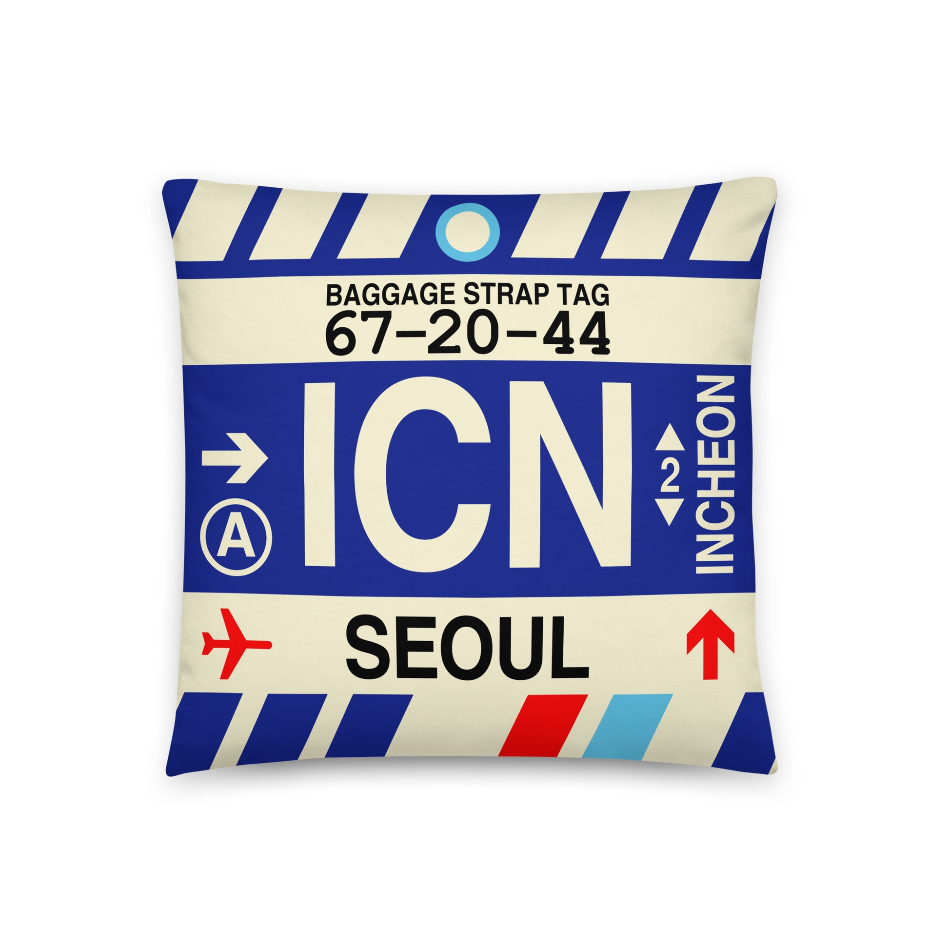 ICN Seoul Throw Pillow • Jet Age Baggage Tag Design • YHM Designs - Image 01